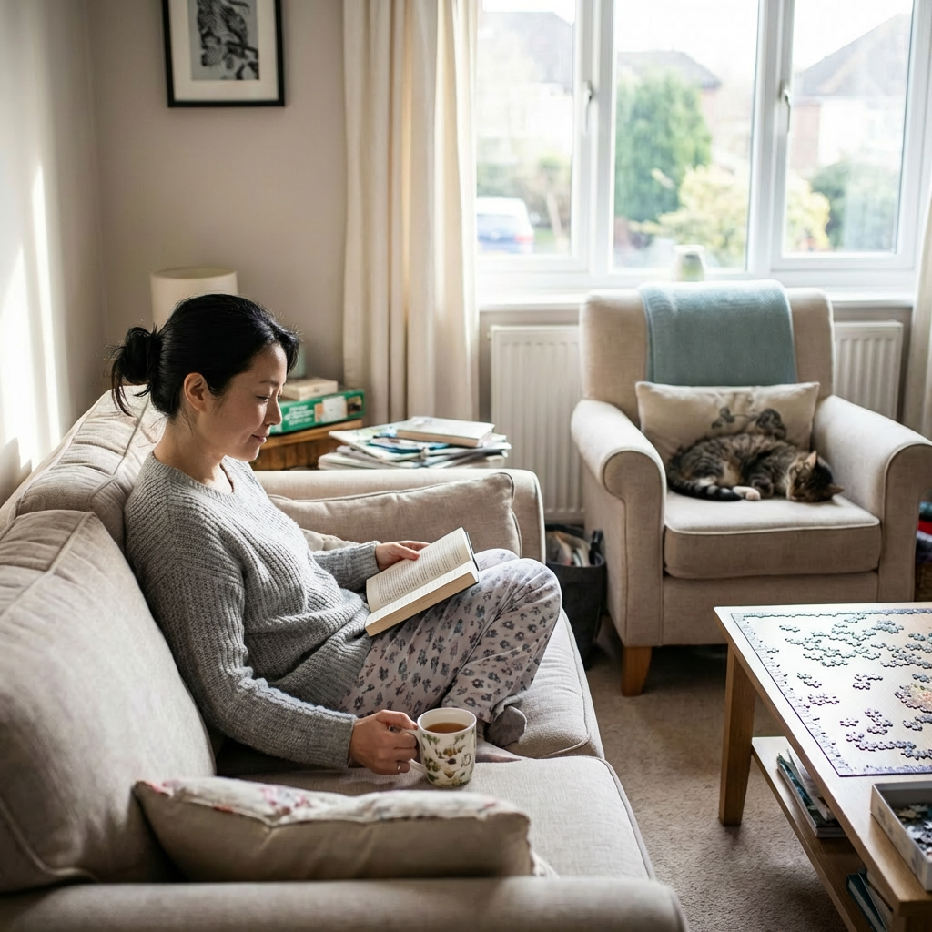 Woman reading on a sofa next to a sleeping cat in a bright, cozy living room.